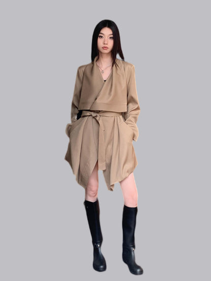 Asymmetrical Khaki Waist-Tie Trench Coat with Unique Design Cuts