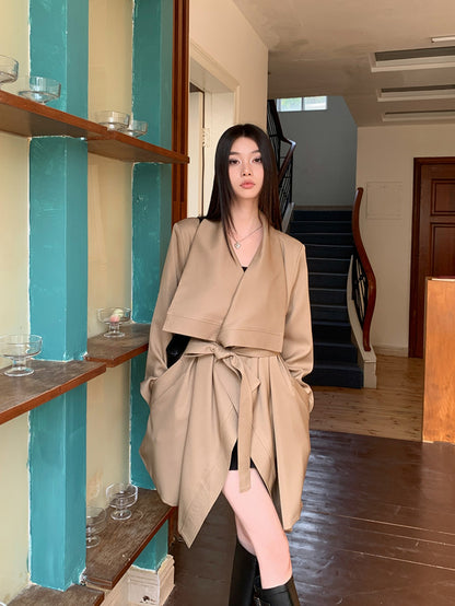 Asymmetrical Khaki Waist-Tie Trench Coat with Unique Design Cuts