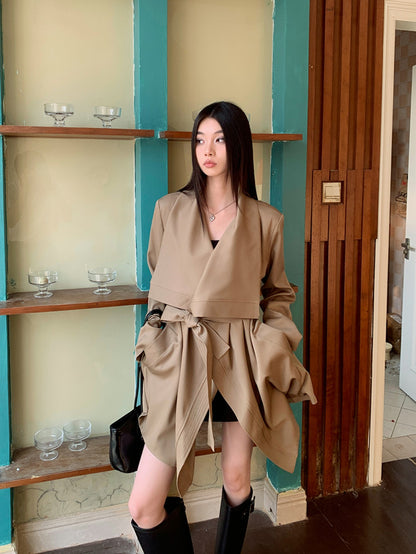 Asymmetrical Khaki Waist-Tie Trench Coat with Unique Design Cuts