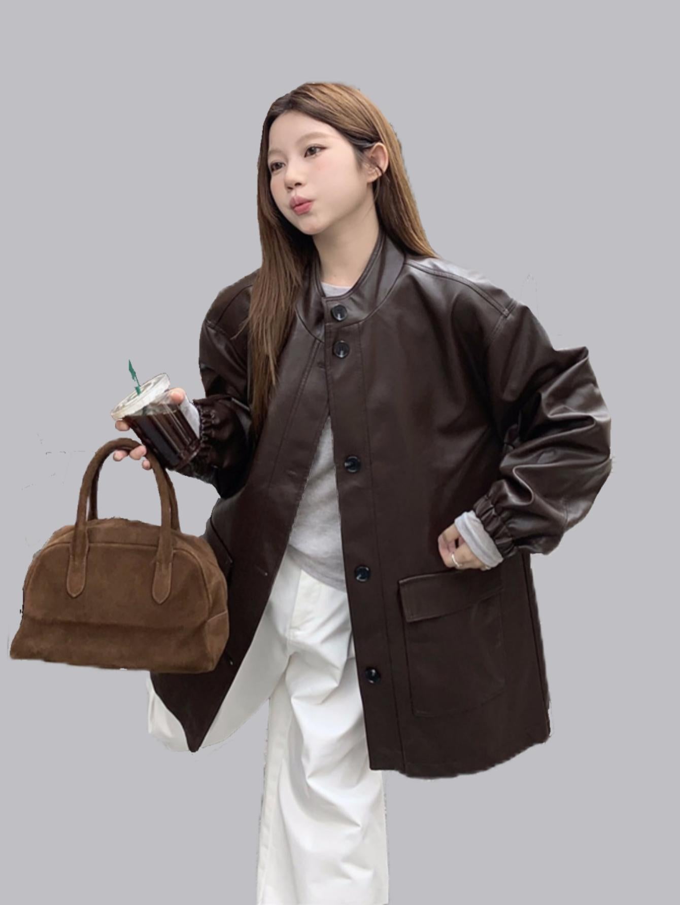 Retro Loose Coffee Color PU Leather Jacket