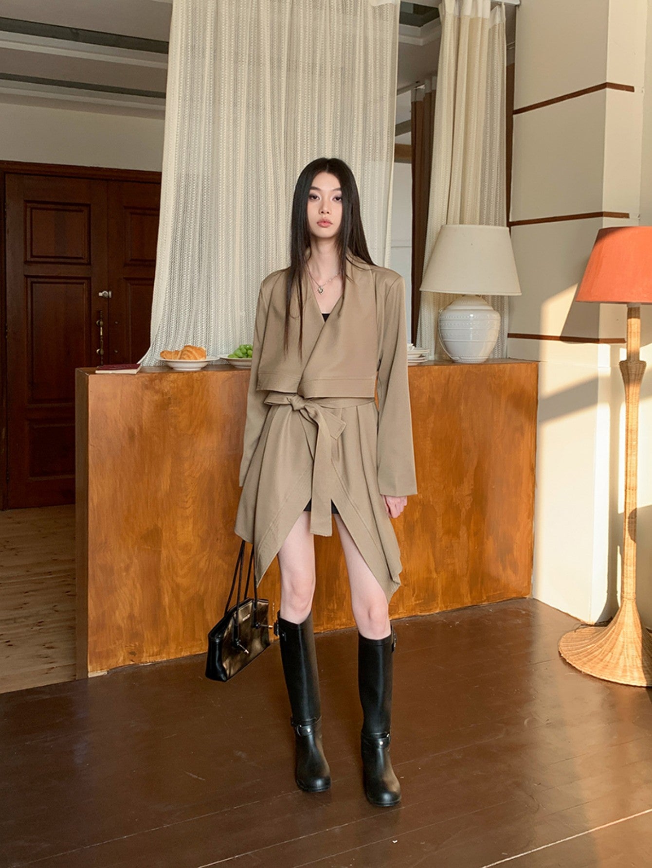 Asymmetrical Khaki Waist-Tie Trench Coat with Unique Design Cuts