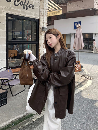 Retro Loose Coffee Color PU Leather Jacket