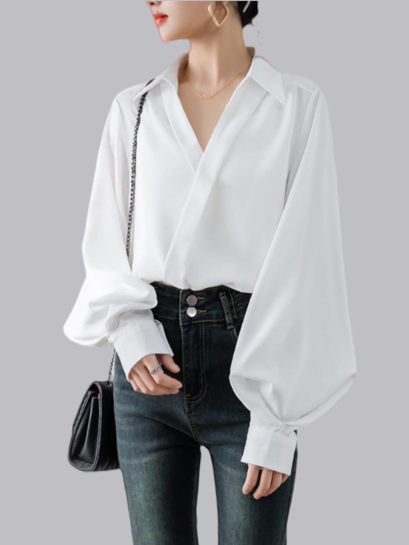 Retro V-Neck Chiffon Lantern Sleeve Shirt