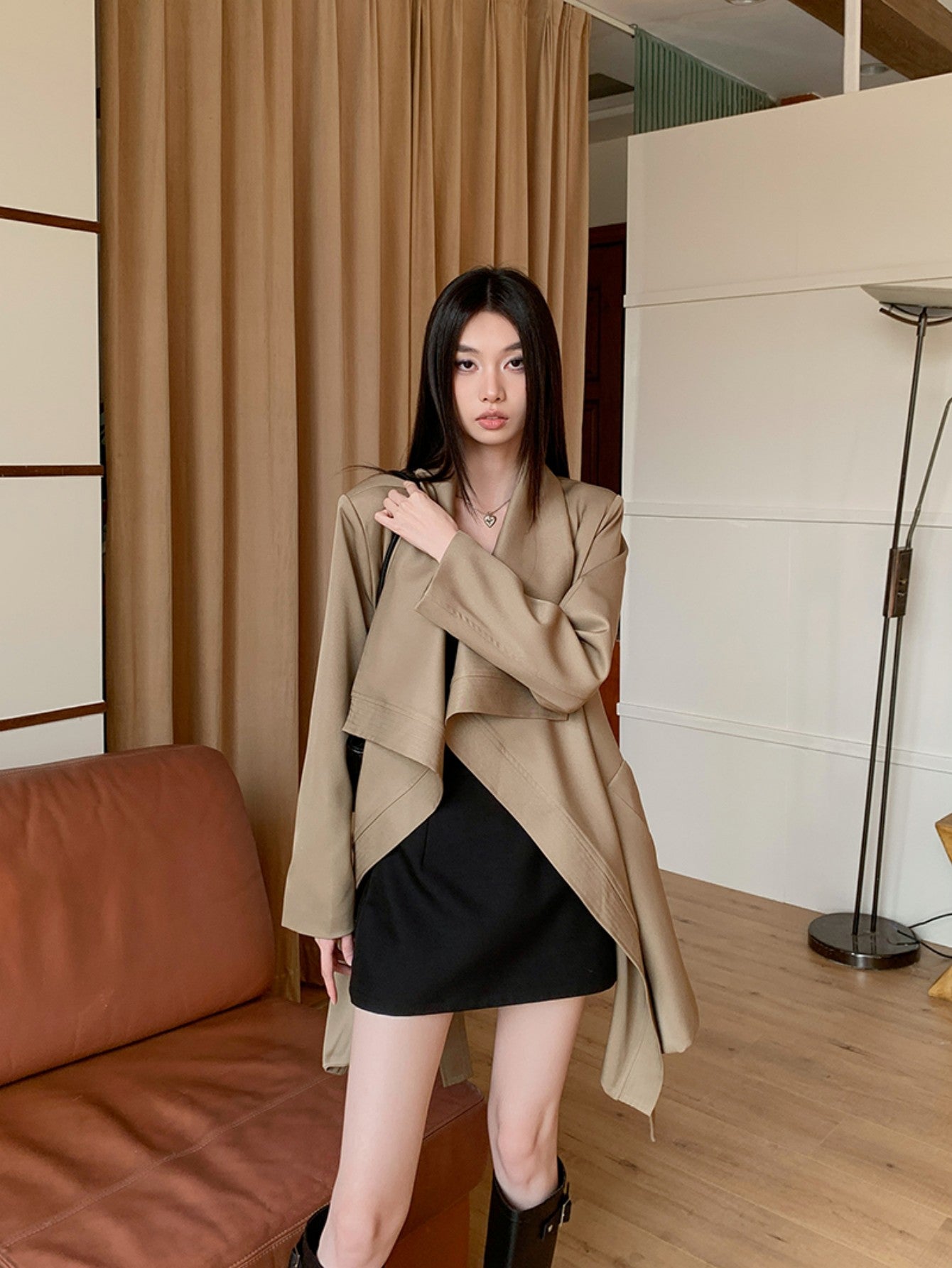 Asymmetrical Khaki Waist-Tie Trench Coat with Unique Design Cuts