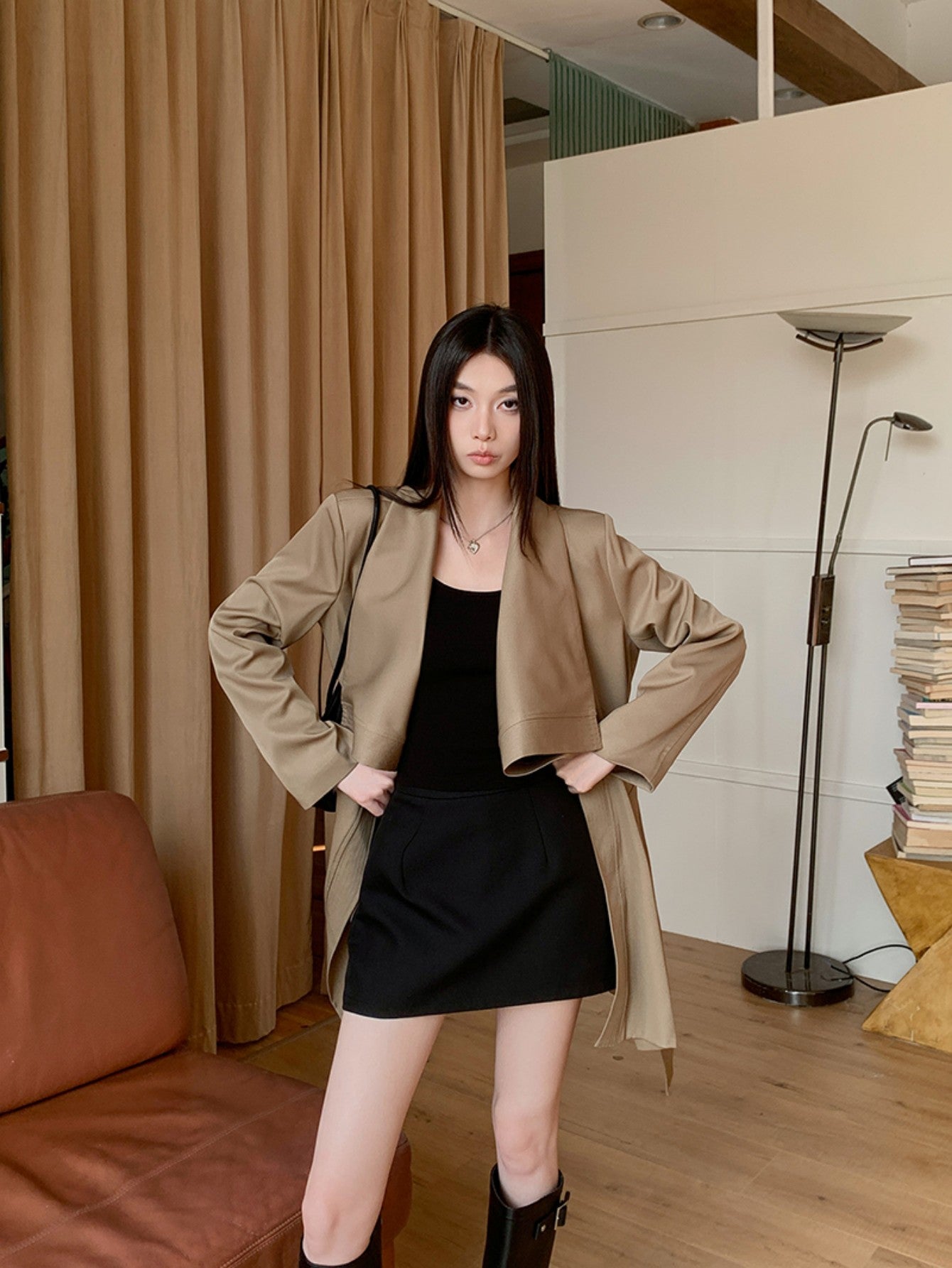 Asymmetrical Khaki Waist-Tie Trench Coat with Unique Design Cuts