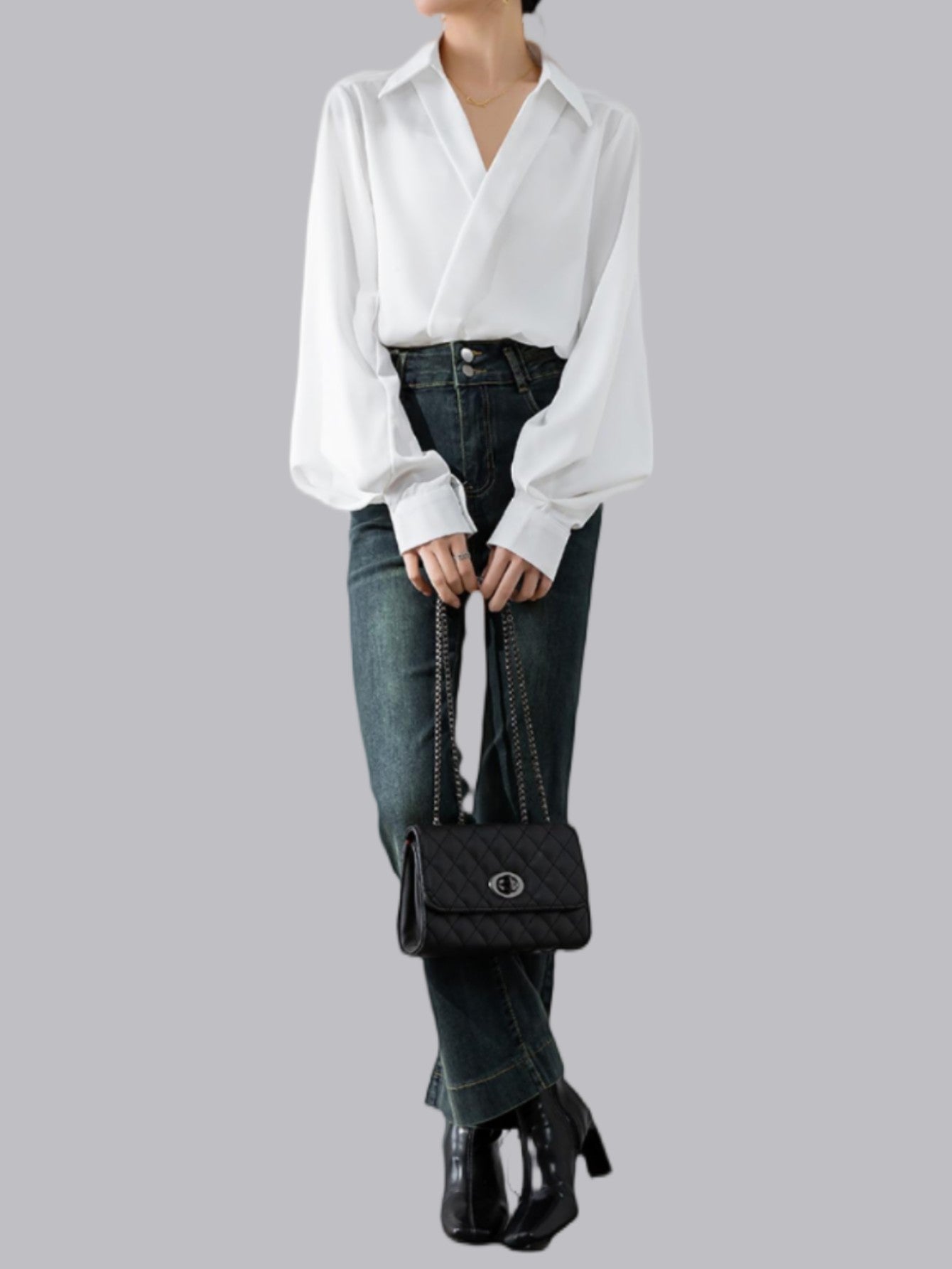 Retro V-Neck Chiffon Lantern Sleeve Shirt