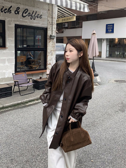 Retro Loose Coffee Color PU Leather Jacket