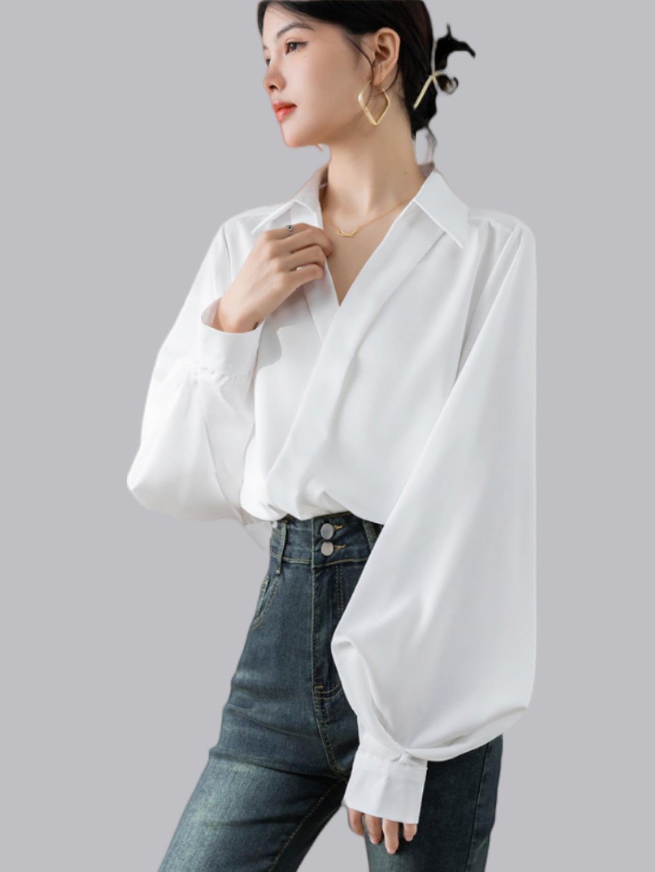 Retro V-Neck Chiffon Lantern Sleeve Shirt