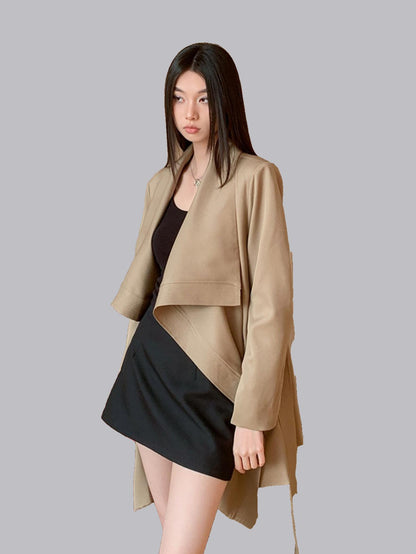 Asymmetrical Khaki Waist-Tie Trench Coat with Unique Design Cuts