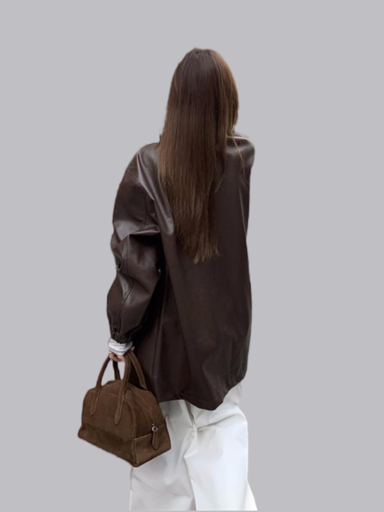 Retro Loose Coffee Color PU Leather Jacket