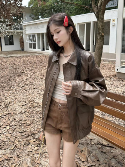 Retro Coffee Color PU Leather Jacket for Women