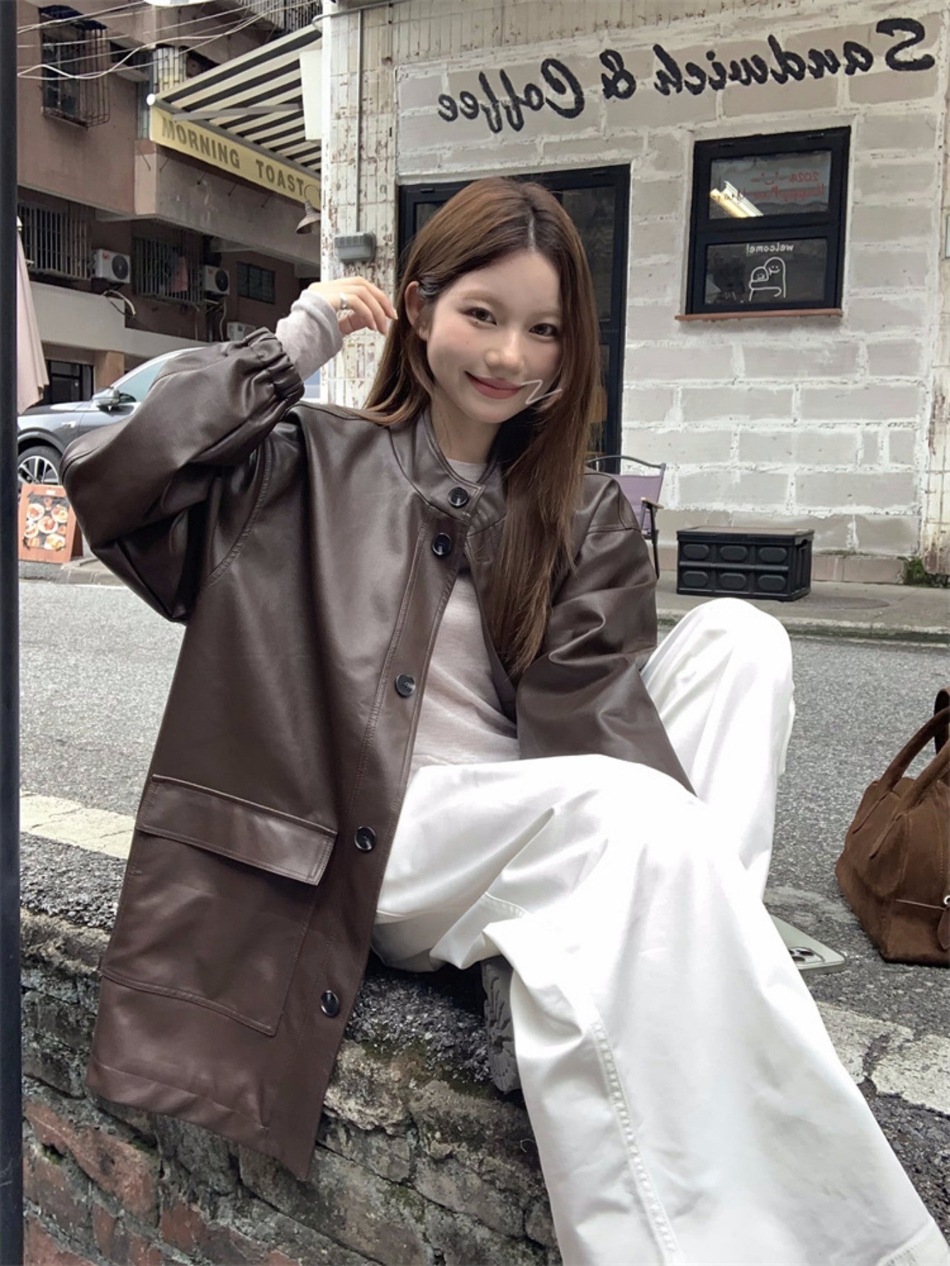 Retro Loose Coffee Color PU Leather Jacket