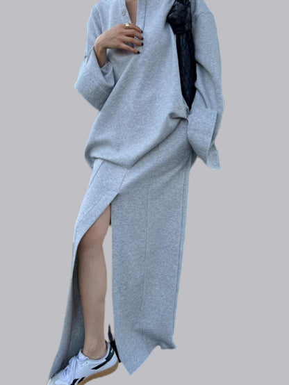 Solid color lazy deep V-neck sweatshirt + skirt suit