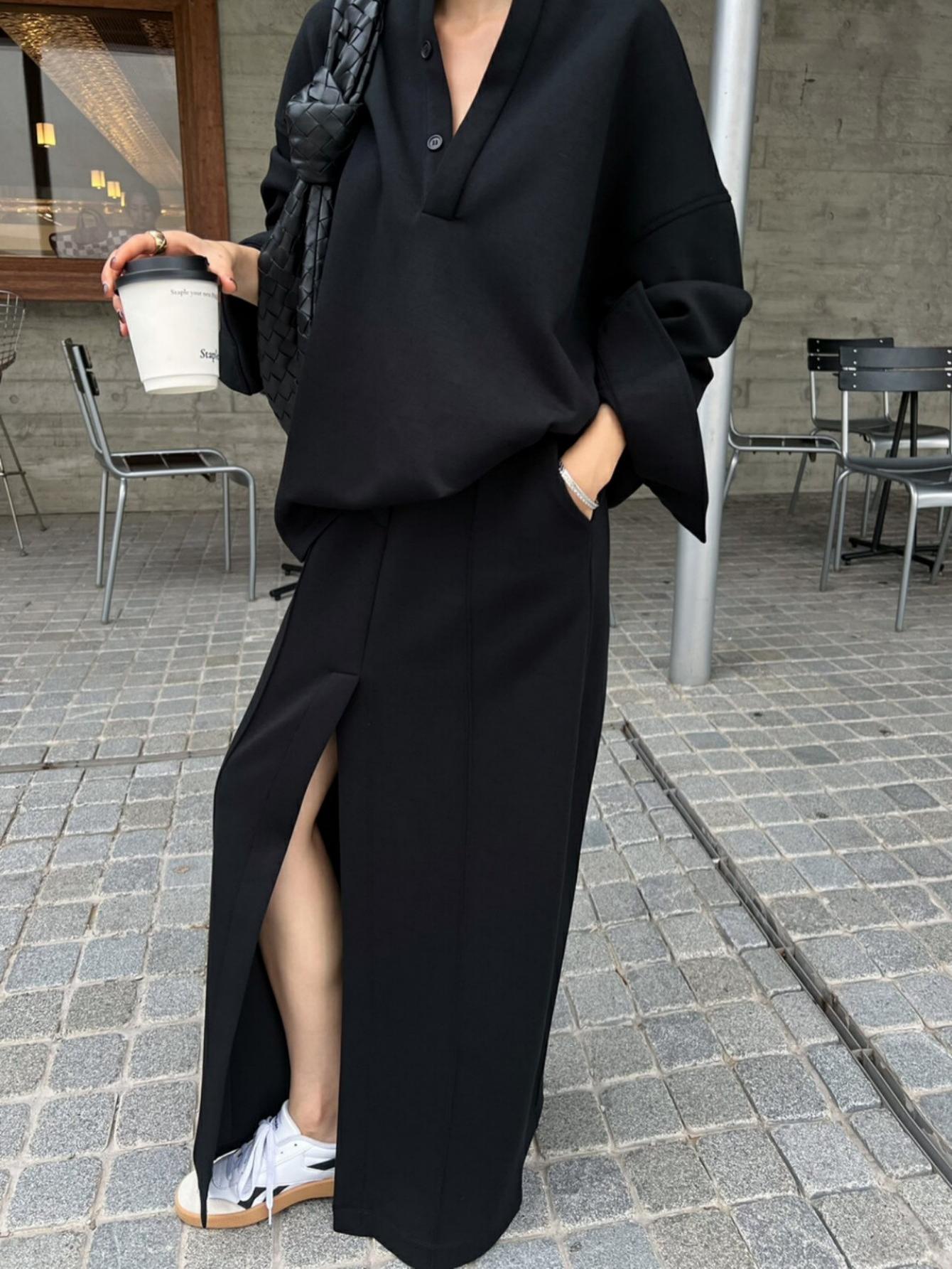 Solid color lazy deep V-neck sweatshirt + skirt suit