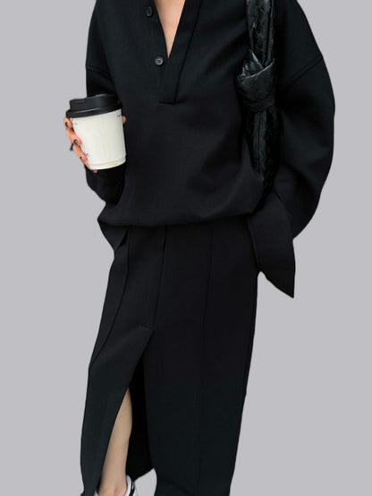 Solid color lazy deep V-neck sweatshirt + skirt suit