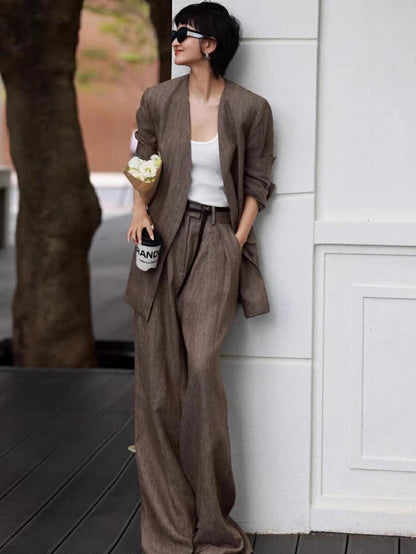 Cool and Chic Old Money Style Suit Jacket + Wide - leg Casual Trousers Set