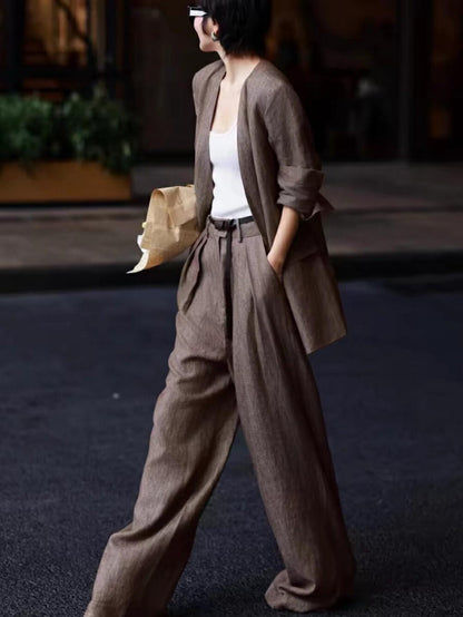 Cool and Chic Old Money Style Suit Jacket + Wide - leg Casual Trousers Set