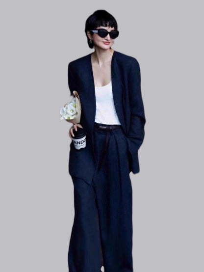 Cool and Chic Old Money Style Suit Jacket + Wide - leg Casual Trousers Set