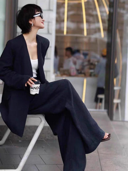 Cool and Chic Old Money Style Suit Jacket + Wide - leg Casual Trousers Set