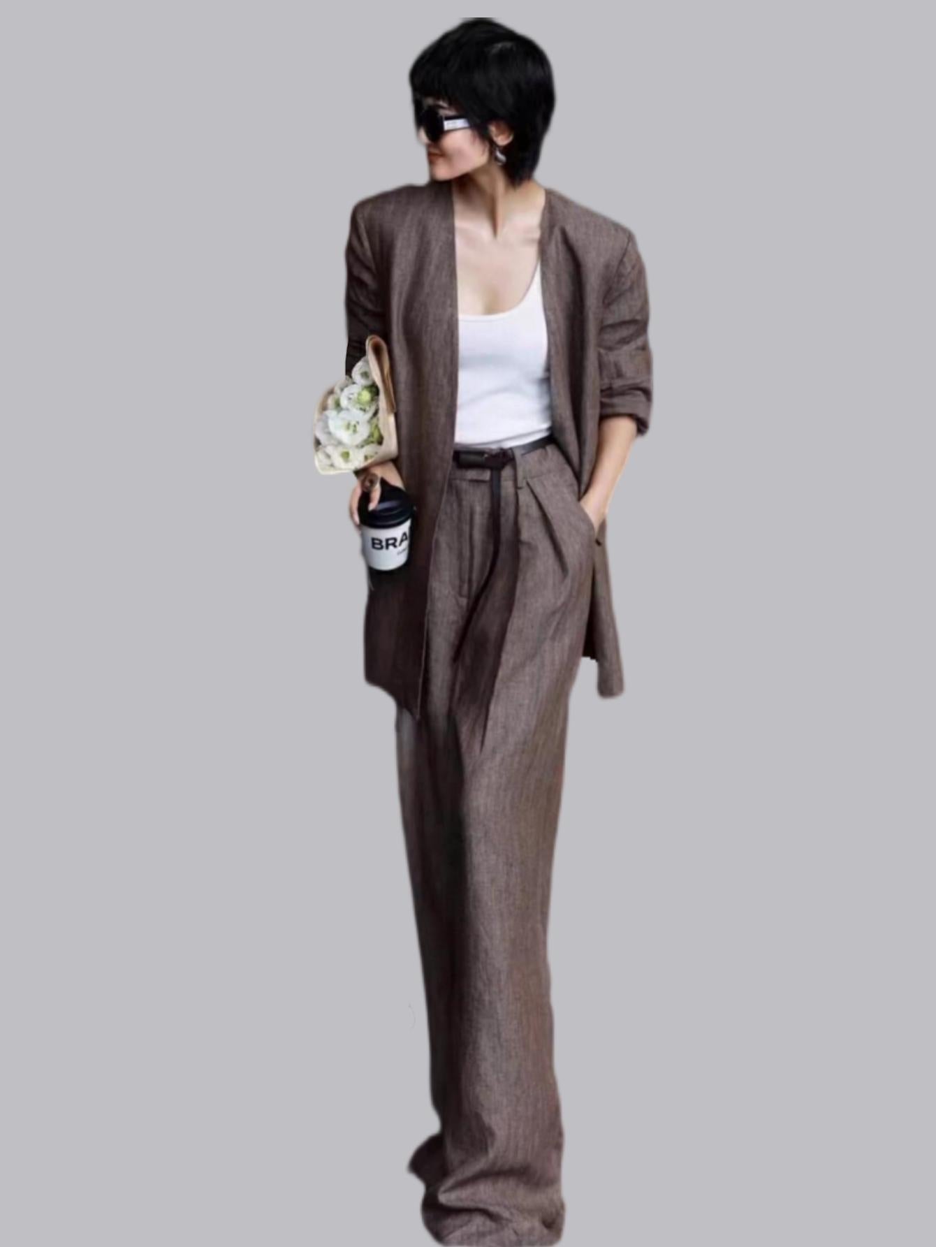 Cool and Chic Old Money Style Suit Jacket + Wide - leg Casual Trousers Set