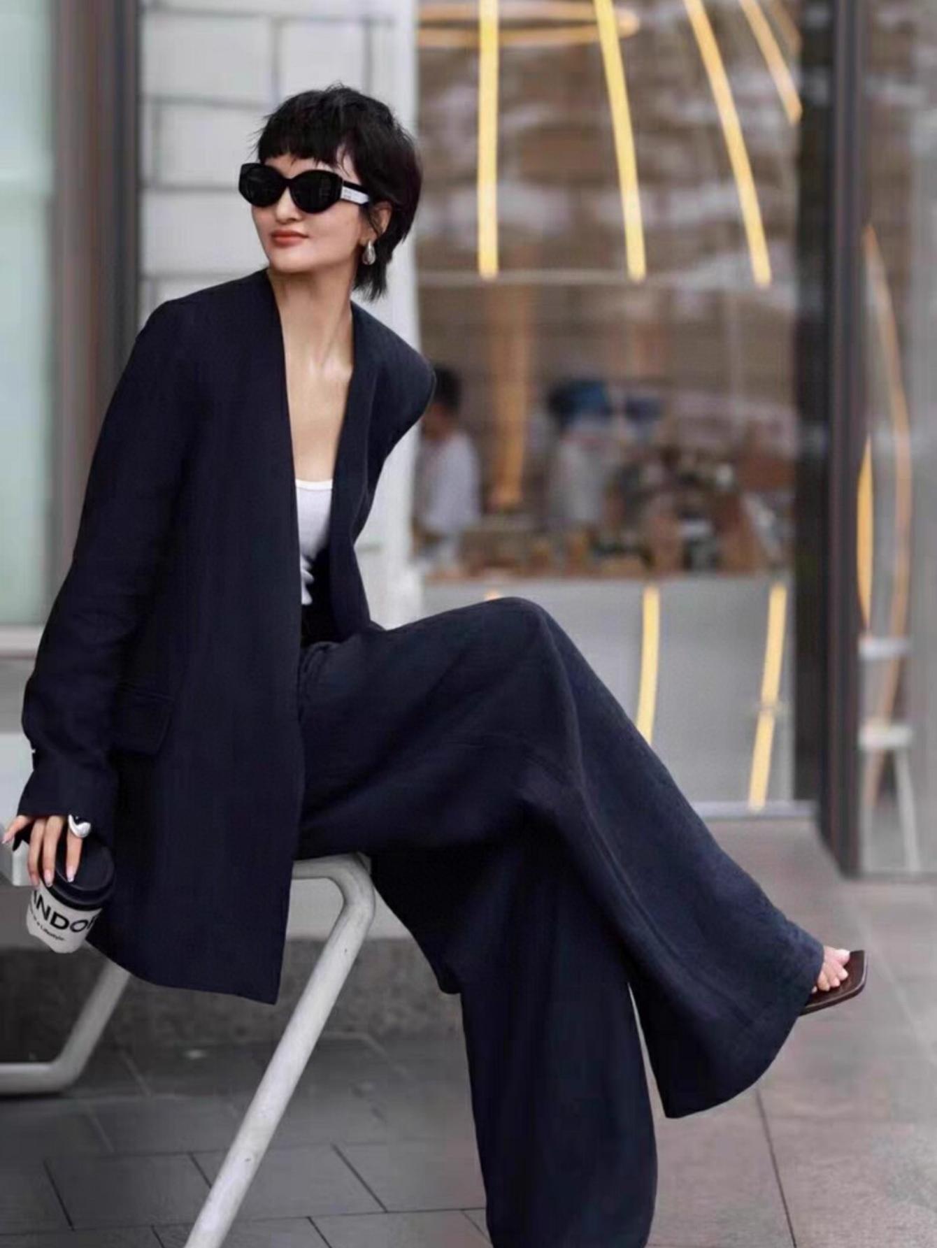 Cool and Chic Old Money Style Suit Jacket + Wide - leg Casual Trousers Set