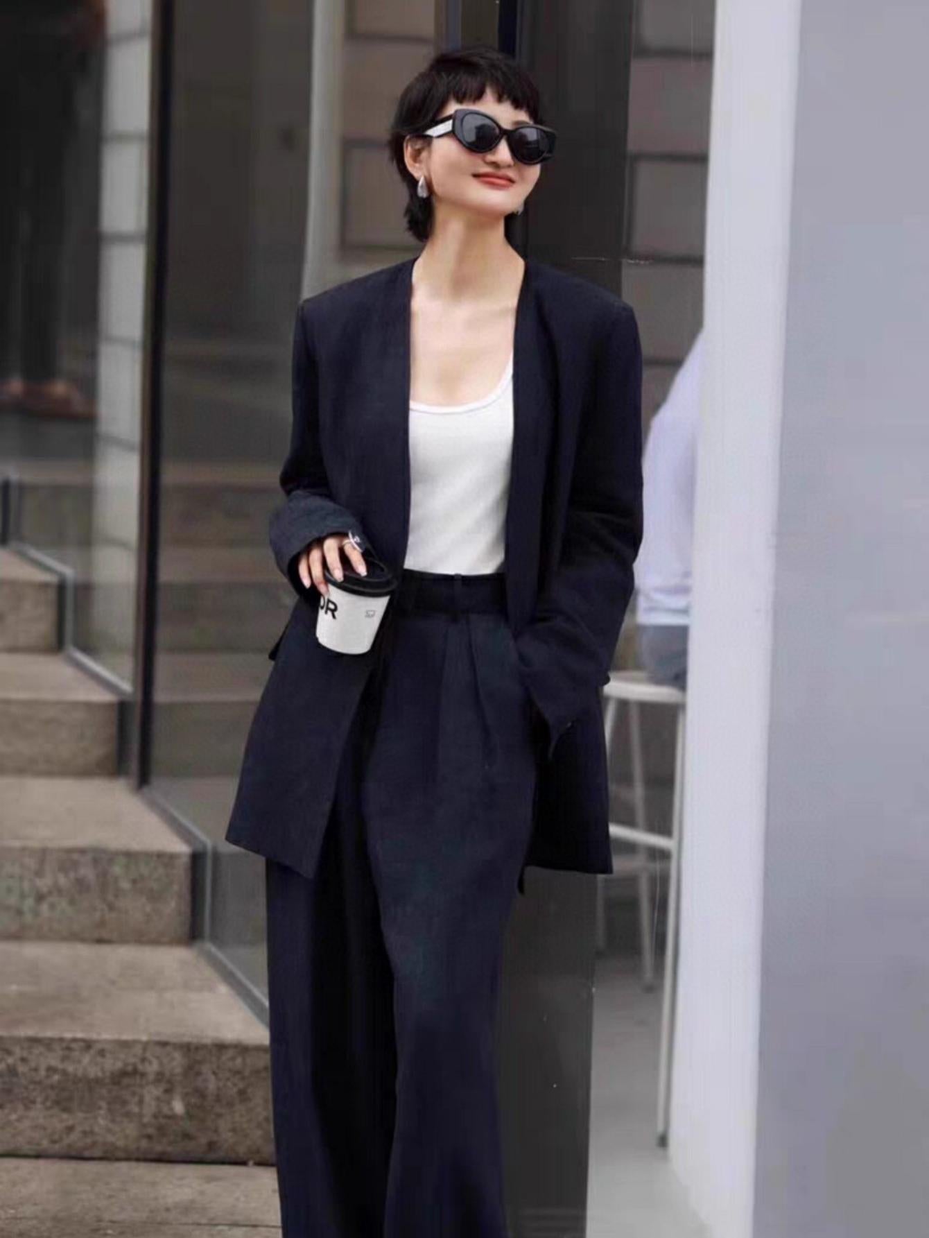 Cool and Chic Old Money Style Suit Jacket + Wide - leg Casual Trousers Set