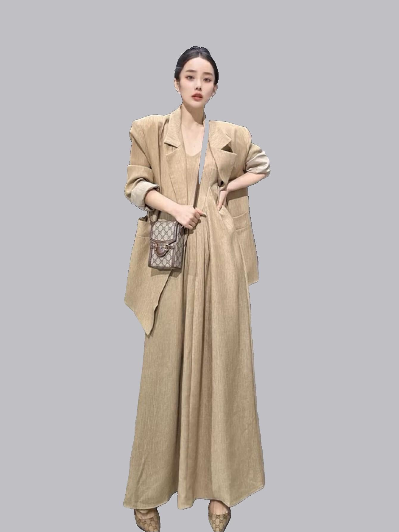 Powerful cold-toned suit + Mature and stylish salt-girl style suspender dress set