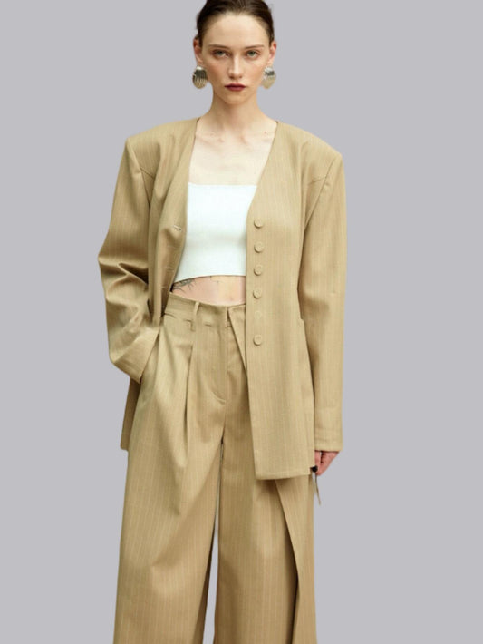 Classic collarless old money style suit + trousers set (with waist rope)