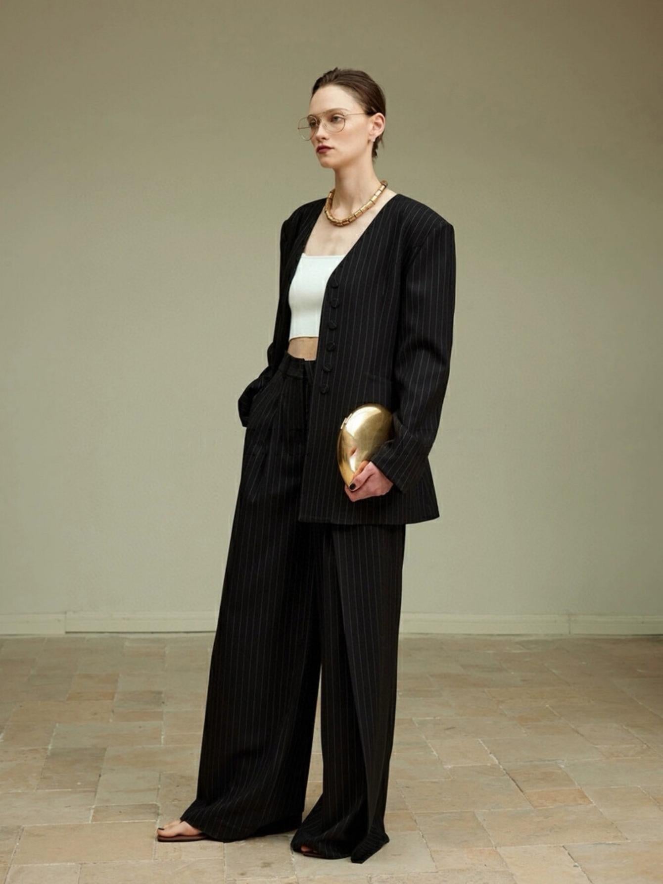 Classic collarless old money style suit + trousers set (with waist rope)