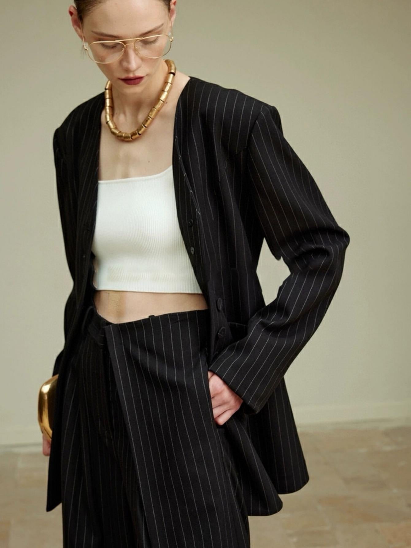 Classic collarless old money style suit + trousers set (with waist rope)