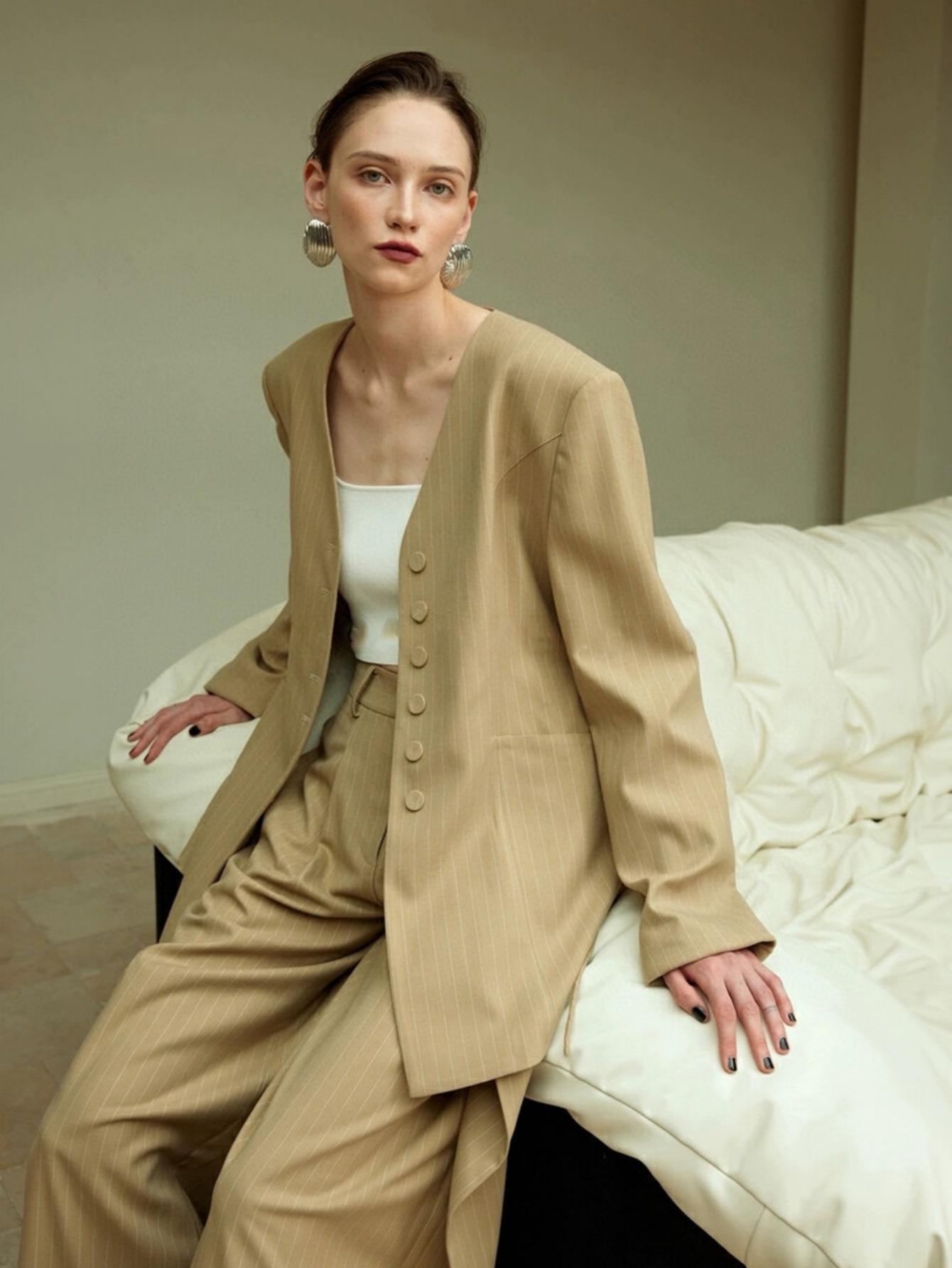 Classic collarless old money style suit + trousers set (with waist rope)