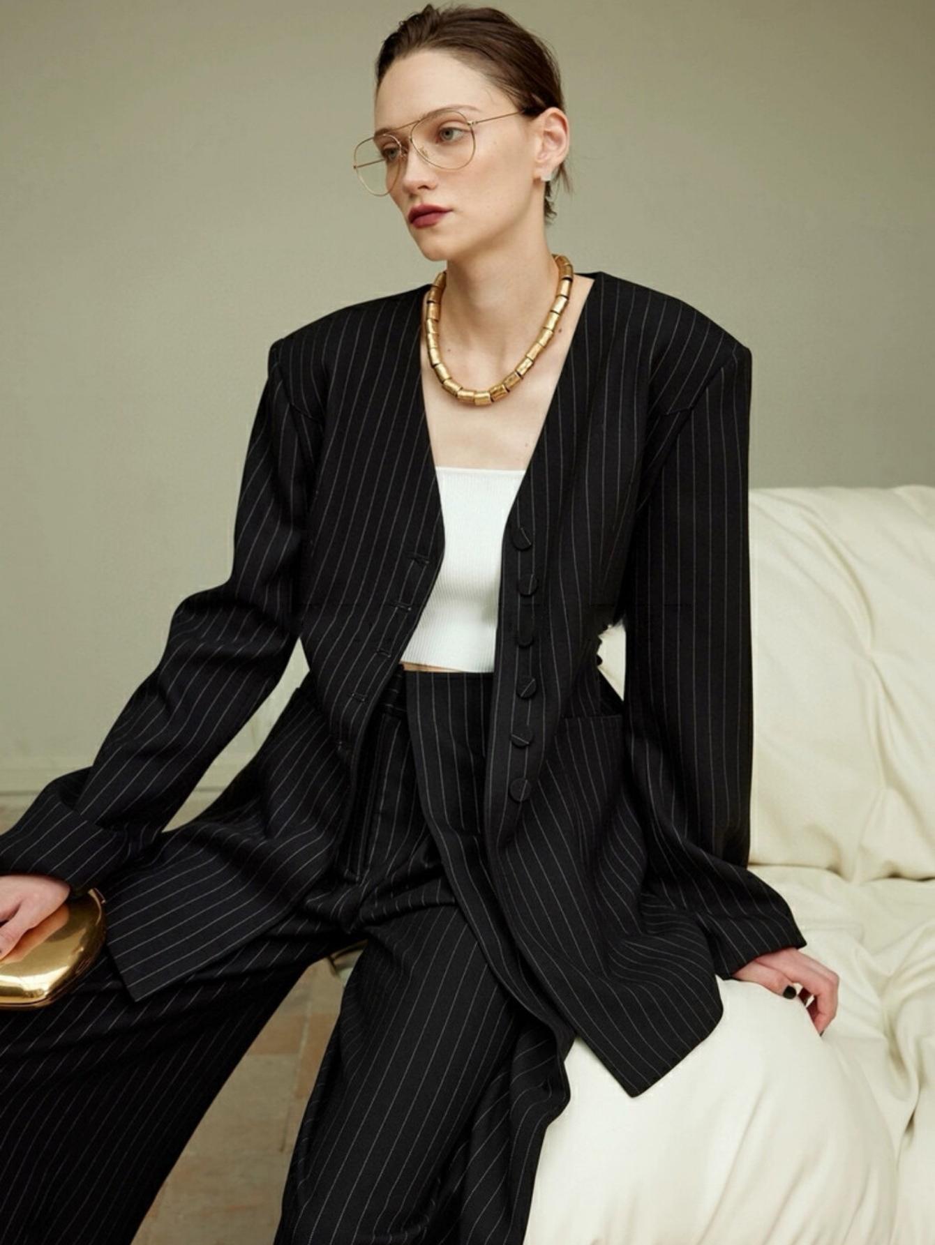 Classic collarless old money style suit + trousers set (with waist rope)