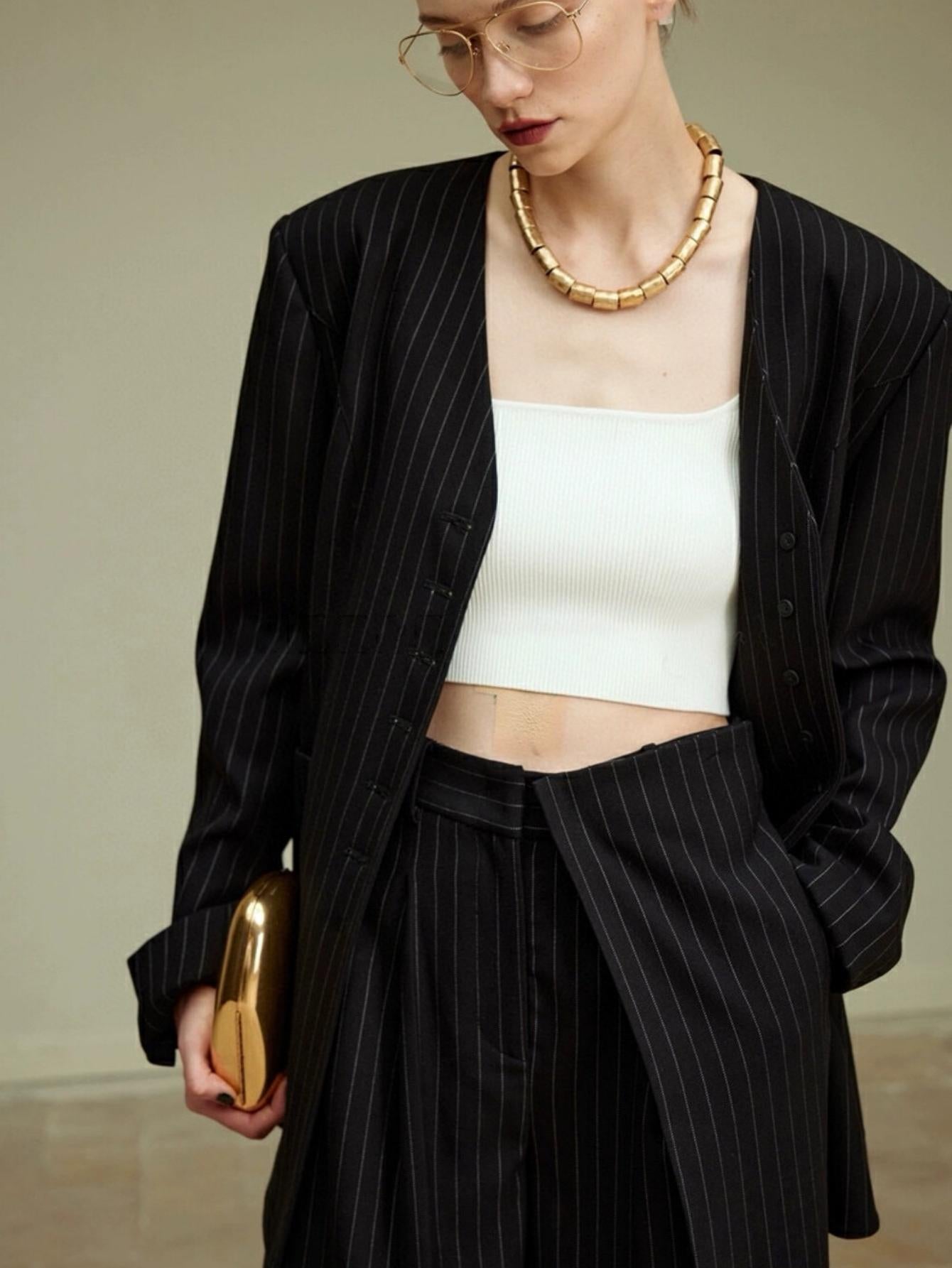 Classic collarless old money style suit + trousers set (with waist rope)