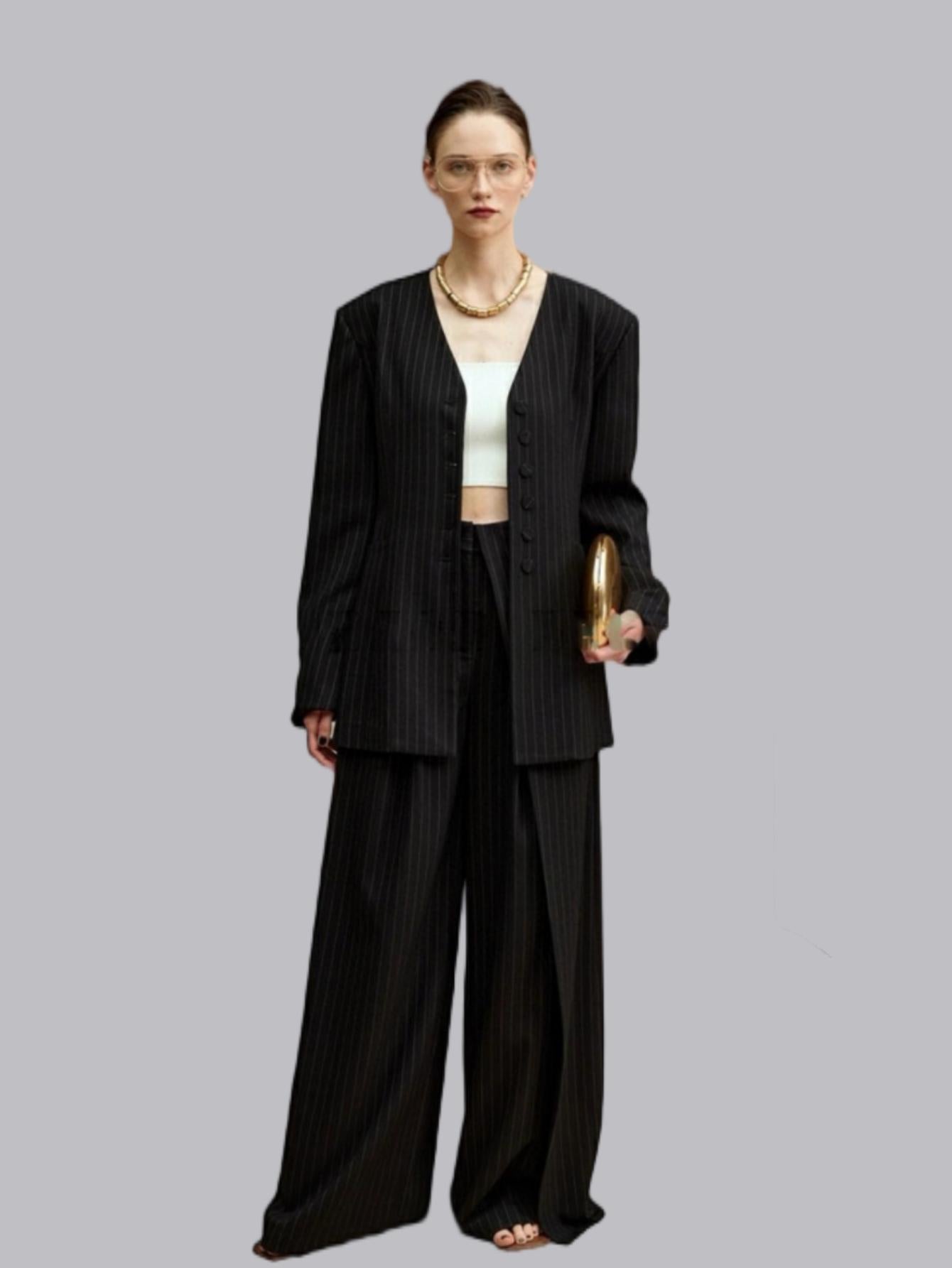 Classic collarless old money style suit + trousers set (with waist rope)