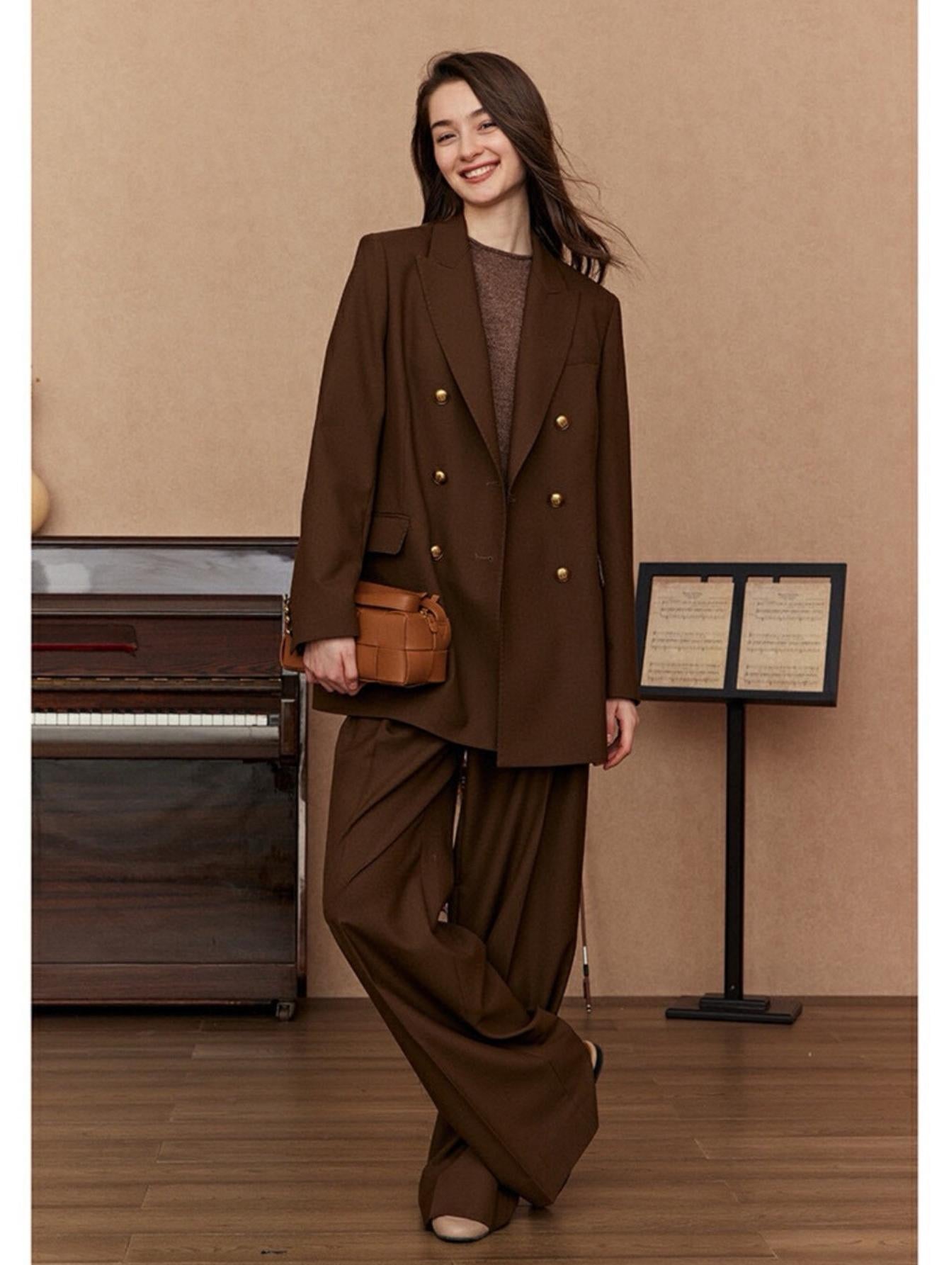 Mid-length retro small suit jacket + wide-leg trousers set