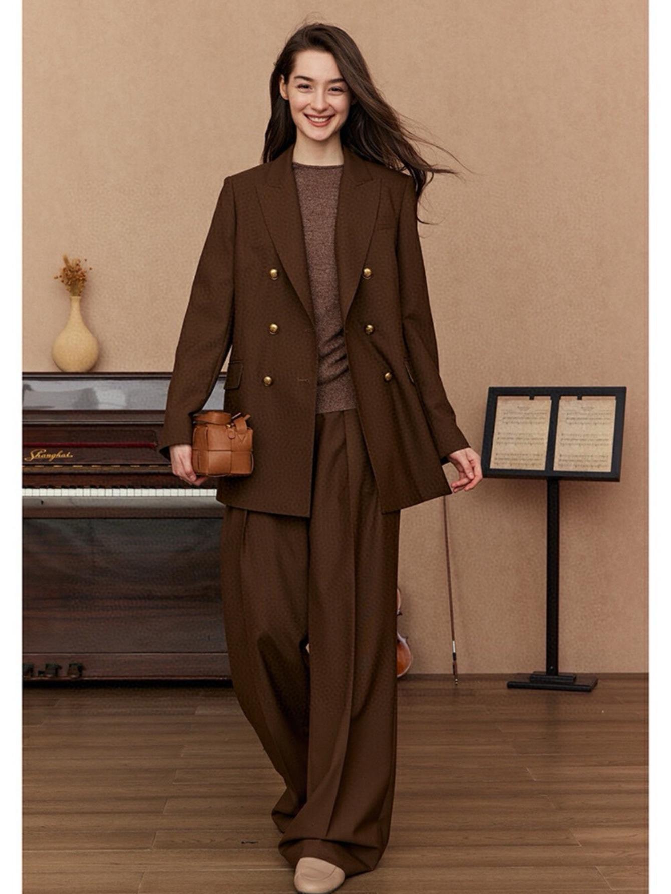 Mid-length retro small suit jacket + wide-leg trousers set