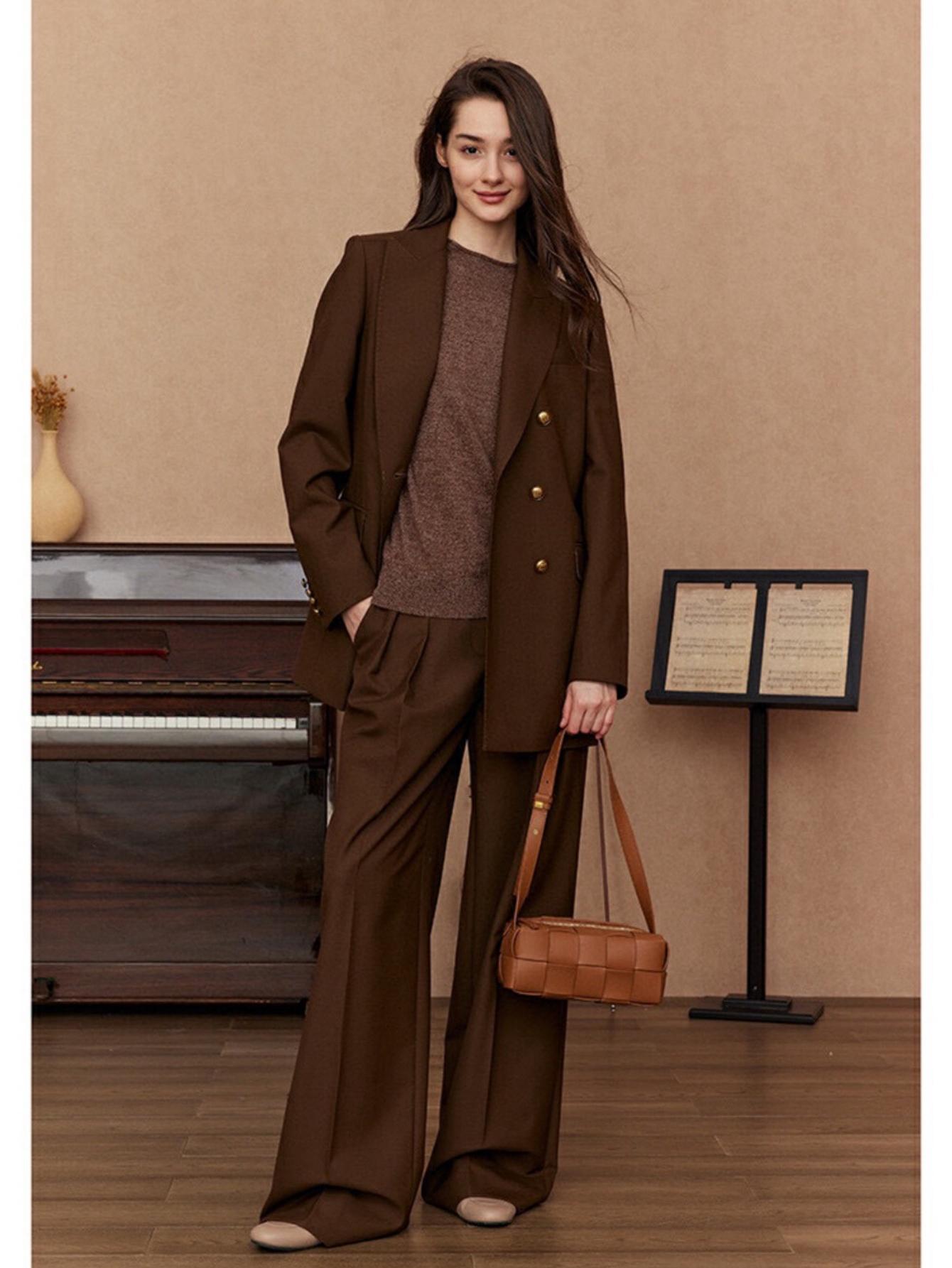 Mid-length retro small suit jacket + wide-leg trousers set