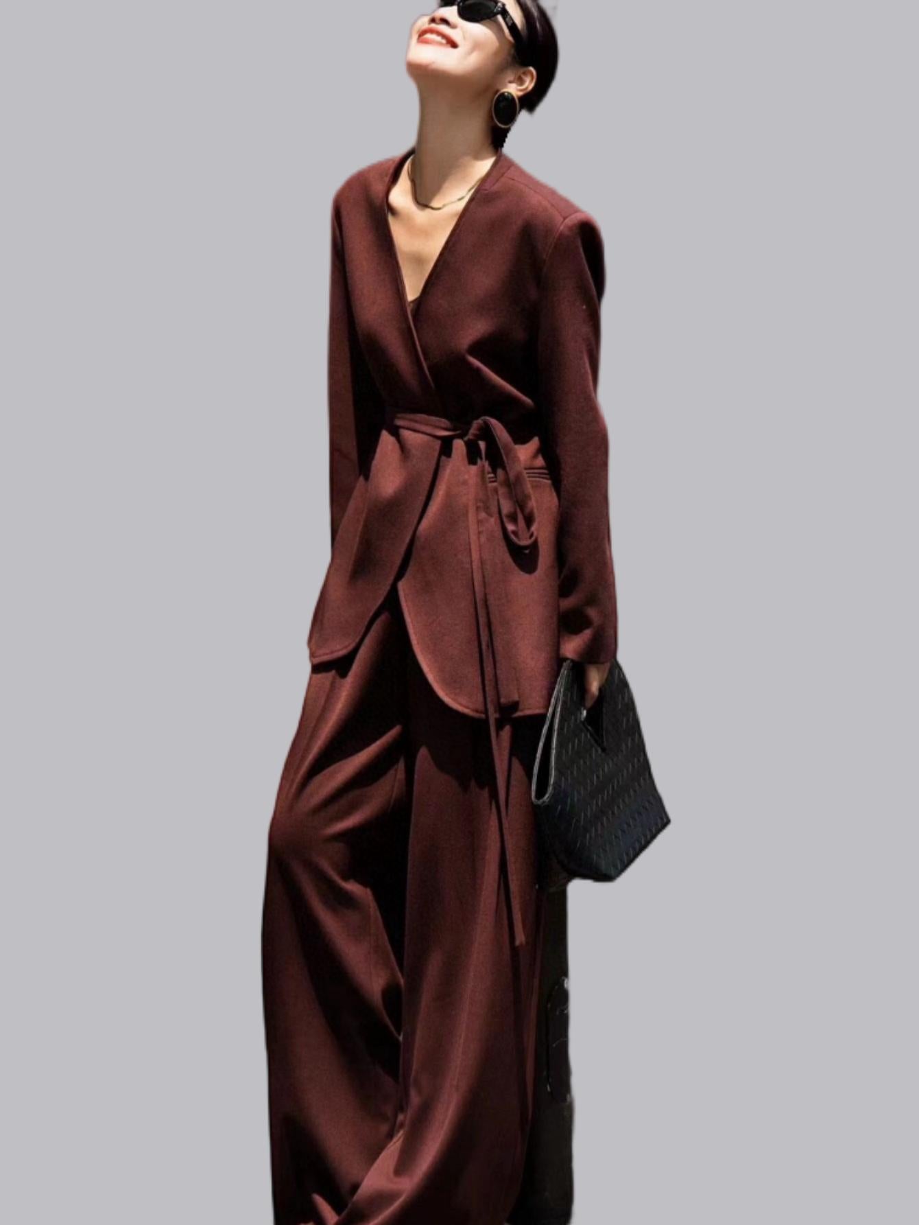 French old money wind wool blend high-end casual collarless blazer + wide leg pants suit (with a belt)