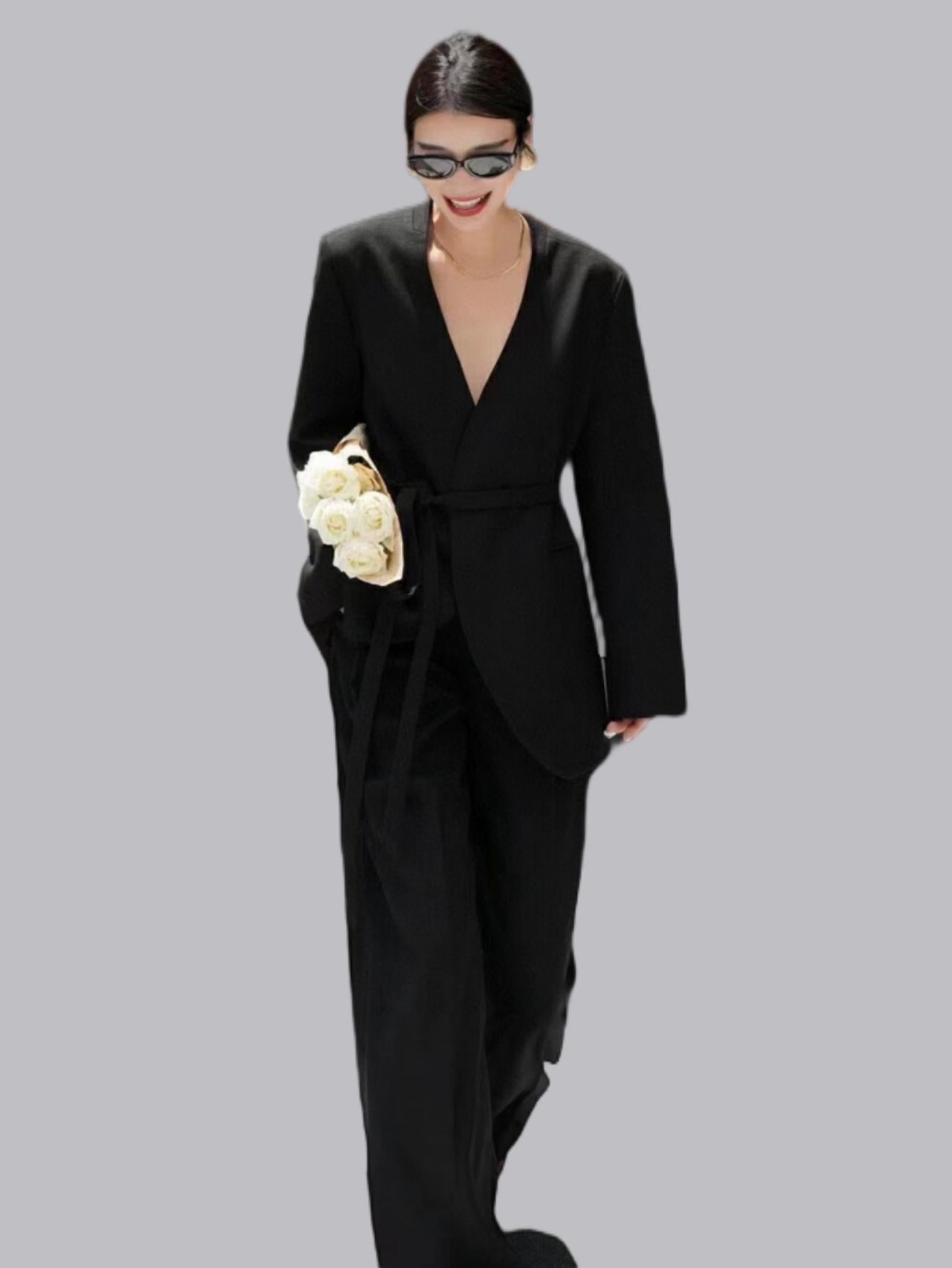 French old money wind wool blend high-end casual collarless blazer + wide leg pants suit (with a belt)