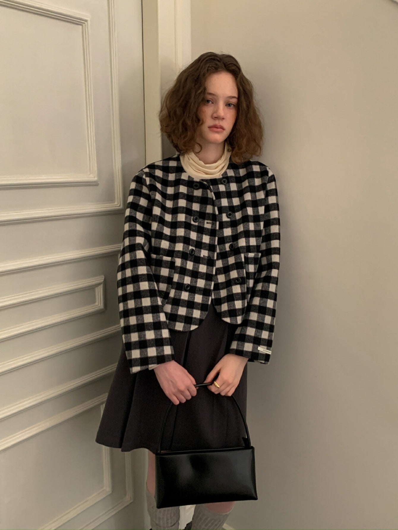 Winter Black and White Plaid Short Wool Coat