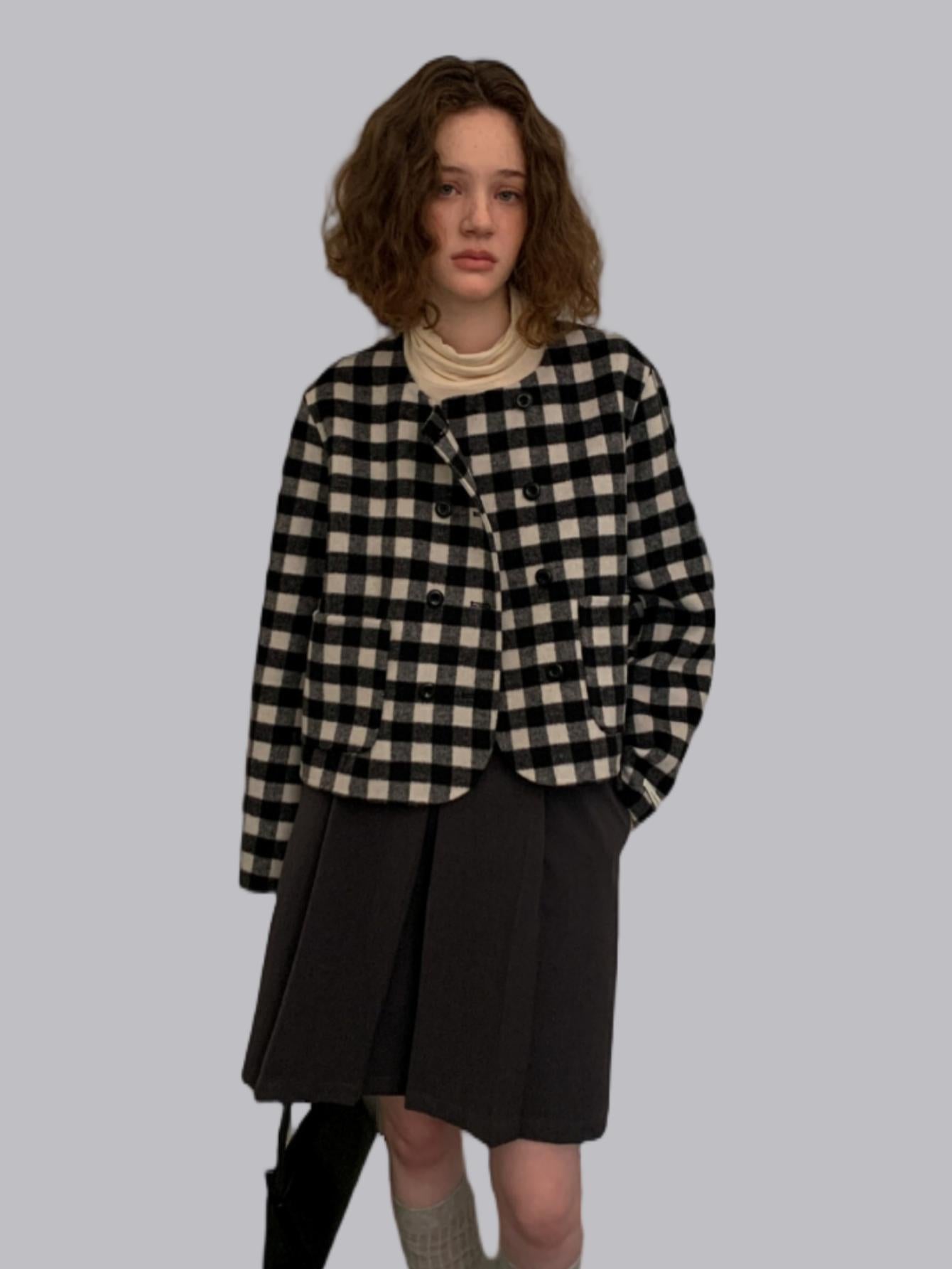 Winter Black and White Plaid Short Wool Coat