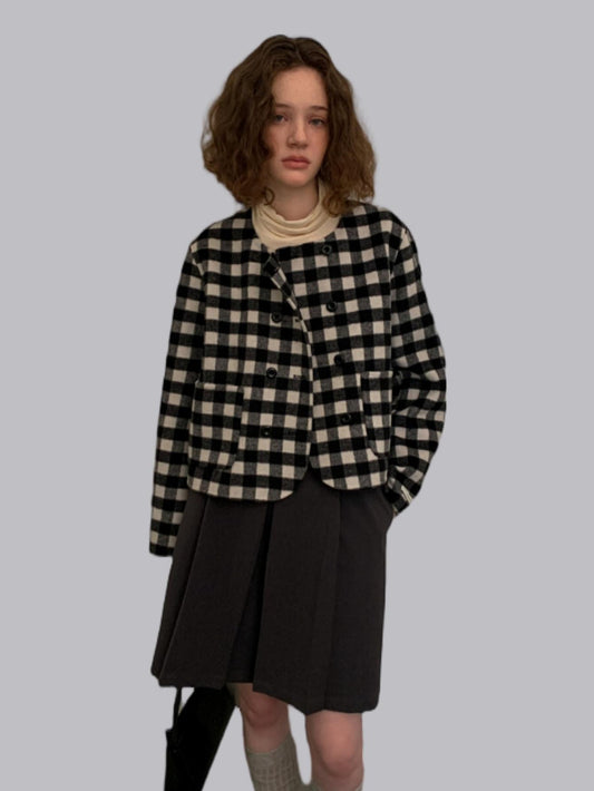 Winter Black and White Plaid Short Wool Coat