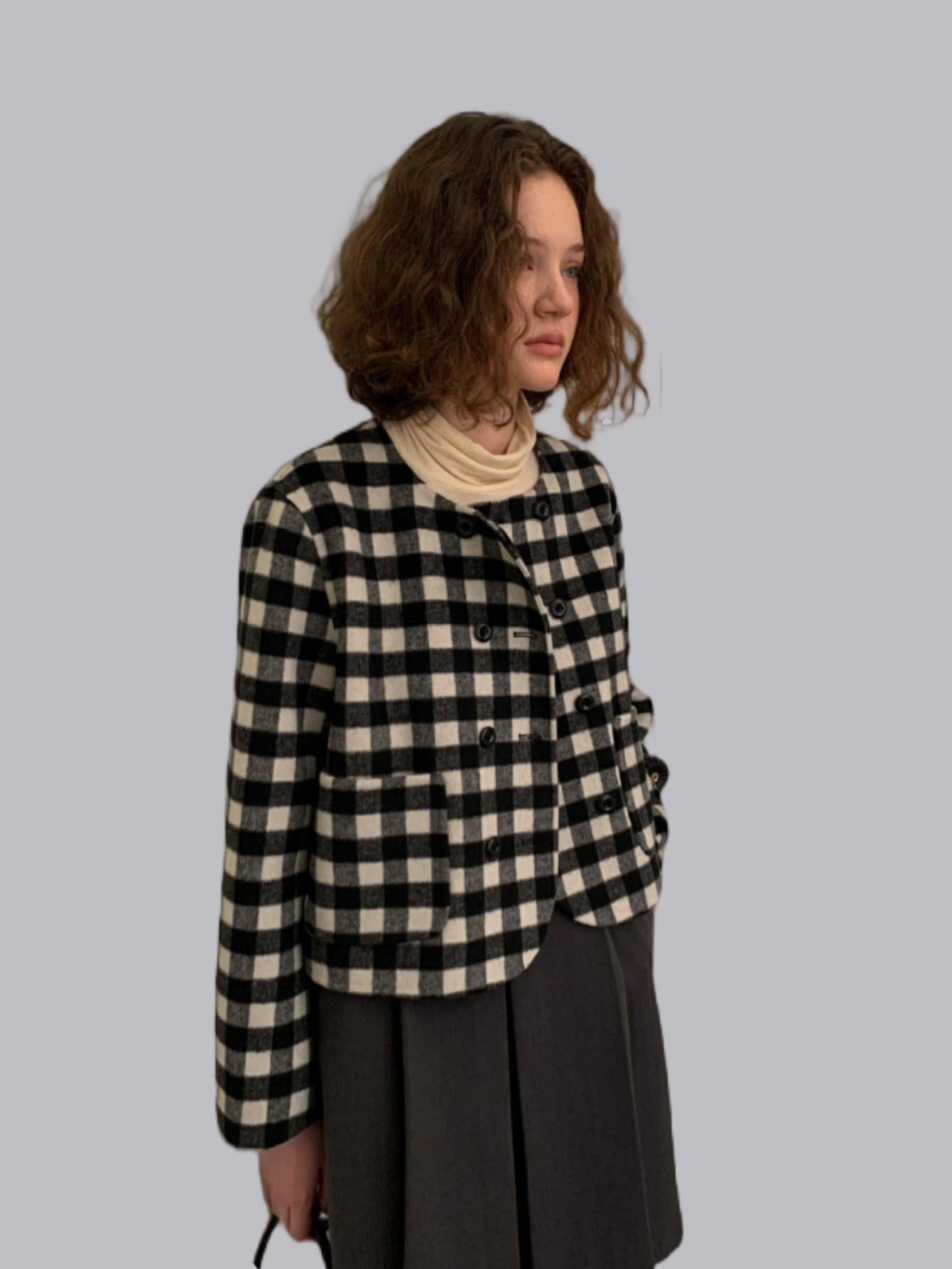 Winter Black and White Plaid Short Wool Coat