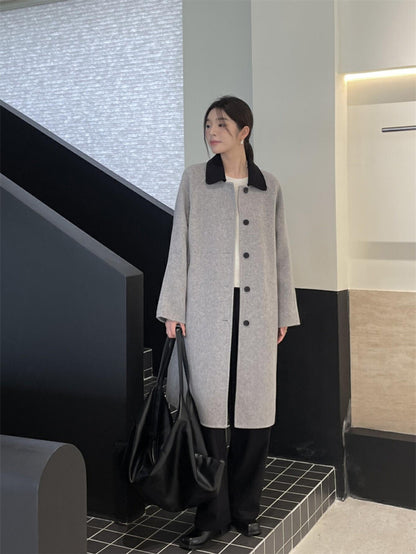 Long Single-Breasted 100% Wool Coat