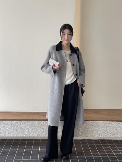 Long Single-Breasted 100% Wool Coat