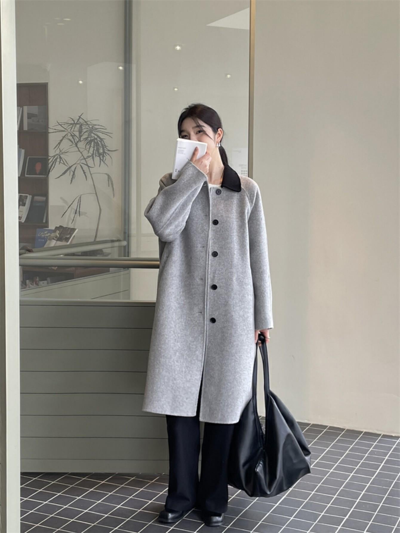 Long Single-Breasted 100% Wool Coat