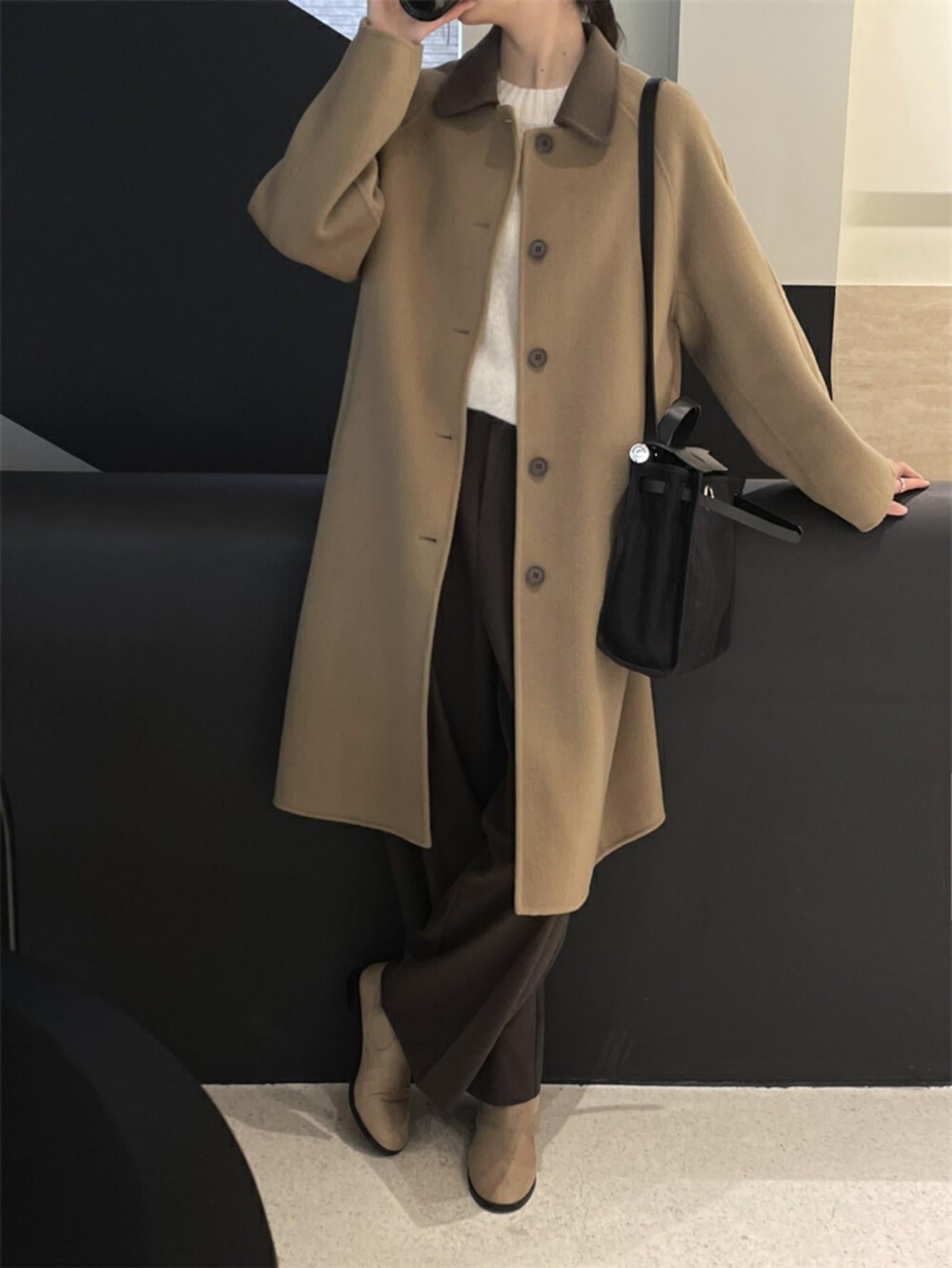 Long Single-Breasted 100% Wool Coat