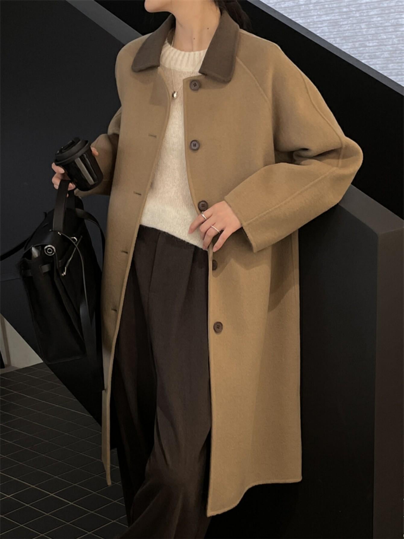 Long Single-Breasted 100% Wool Coat