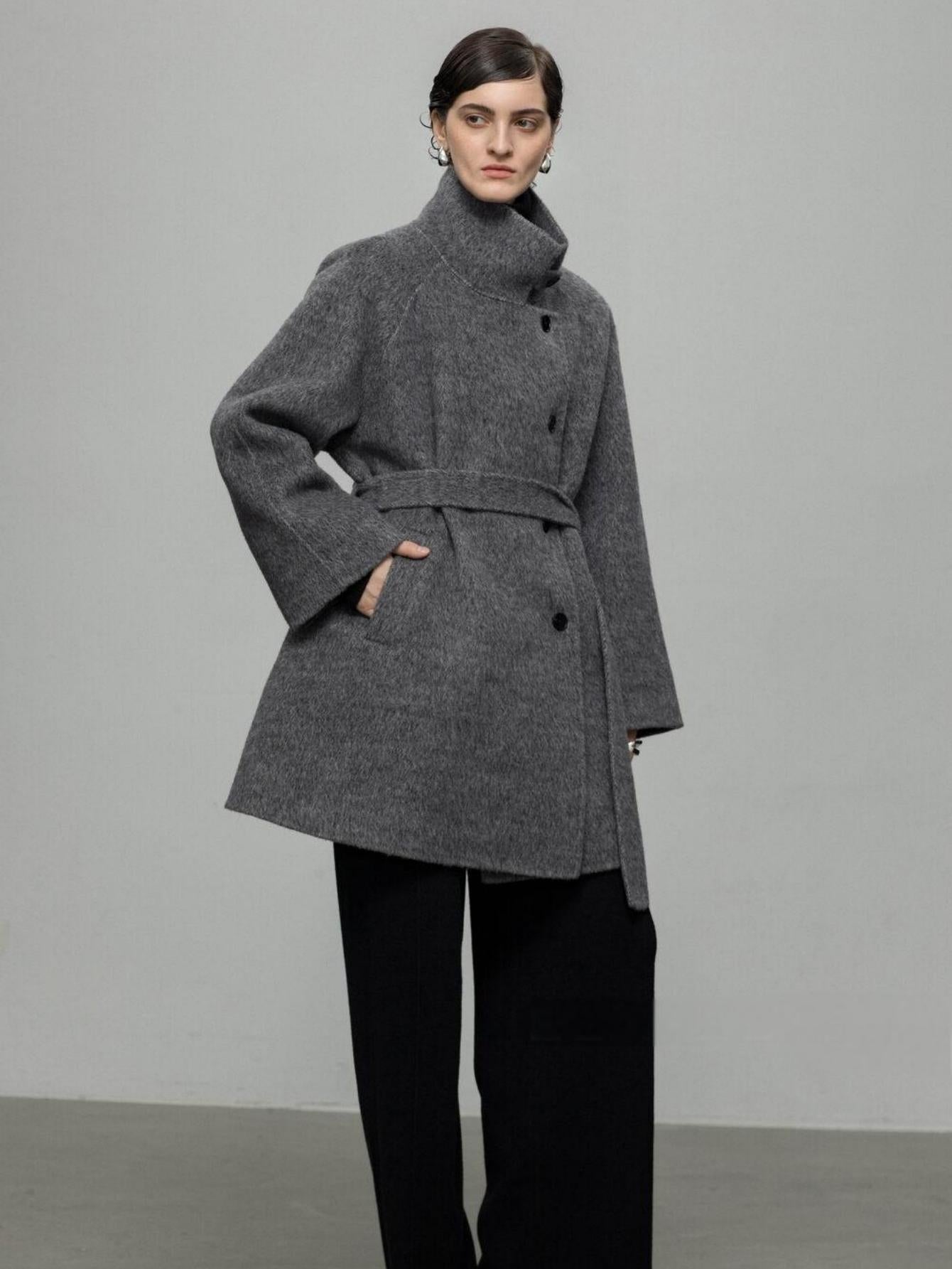 High-End Mid-Length Wool Coat with Waist Belt