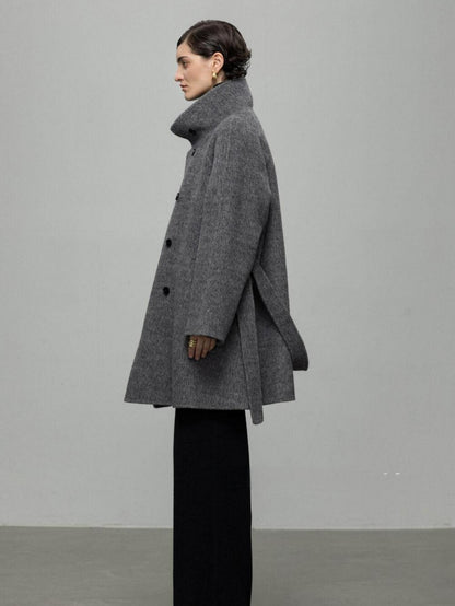 High-End Mid-Length Wool Coat with Waist Belt